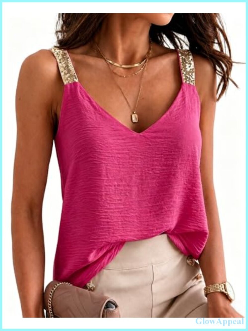 V Neck Tank Top Ice-Crinkle Chiffon Camisole Gold Sequin Straps Cropped